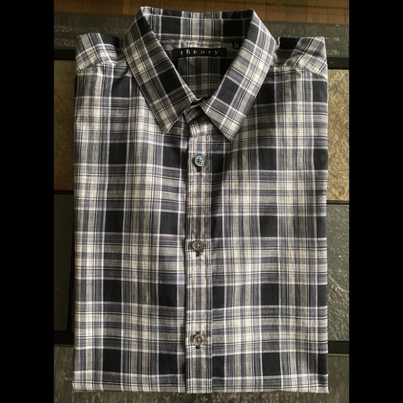 Theory Luxury Shirt Medium Plaid Button Cotton - Picture 10 of 11